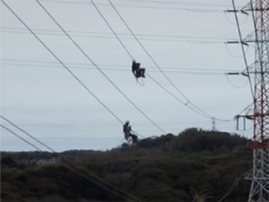 鉄塔間にある電線を伝って移動